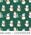 Cute seamless winter pattern with snowmen, gifts, and Christmas trees on green background. 132550154