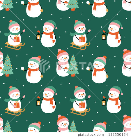 Cute seamless winter pattern with snowmen, gifts, and Christmas trees on green background. Cute seamless winter pattern with snowmen, gifts, and Christmas trees on green background. 132550154