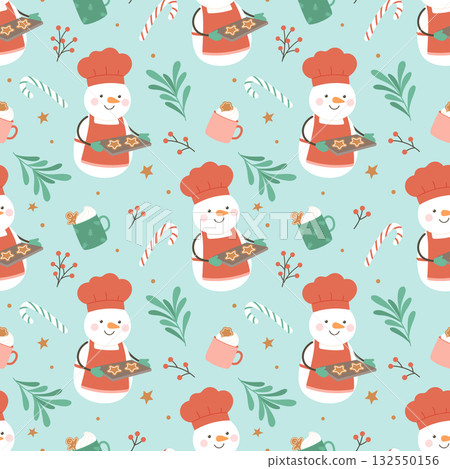 Cute snowman baker seamless Christmas pattern on turquoise background Cute snowman baker seamless Christmas pattern on turquoise background 132550156