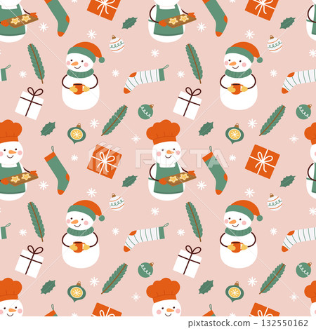 Cute snowman Christmas seamless pattern with gifts and cookies on pink background Cute snowman Christmas seamless pattern with gifts and cookies on pink background 132550162