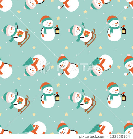Seamless pattern with snowmen and stars 132550164