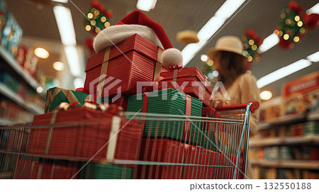 Christmas shopping cart overflowing with holiday gifts 132550188