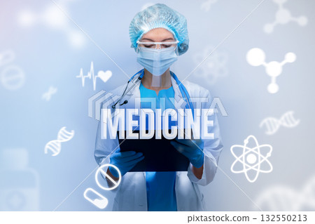 Healthcare professional in lab coat and mask reviewing medical information in a clinical setting Healthcare professional in lab coat and mask reviewing medical information in a clinical setting 132550213