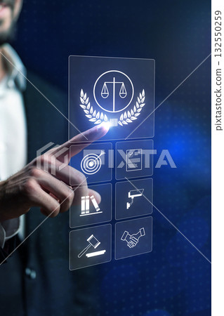 Digital interface with legal symbols and icons used in modern law practices Digital interface with legal symbols and icons used in modern law practices 132550259