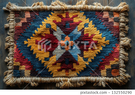 Handwoven rug texture with geometric print on a white background. Top view. Handwoven rug texture with geometric print on a white background. Top view. 132550290