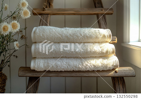Freshly washed white towels on a Boho style wooden floor hanger. Freshly washed white towels on a Boho style wooden floor hanger. 132550298