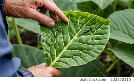 hands of farmer picking fresh green leaves in the garden 132550310