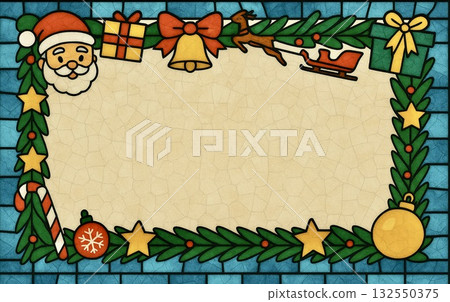 畫框材質：聖誕花圈、聖誕老人、彩色玻璃風格 132550375