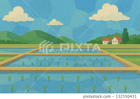 Rice field in May, immediately after rice planting, rice planting, Satoyama landscape, collage style Rice field in May, immediately after rice planting, rice planting, Satoyama landscape, collage style 132550431