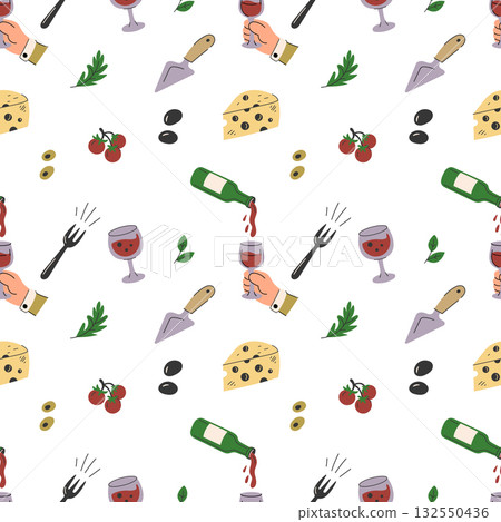 Seamless pattern with wine glasses, cheese, tomatoes and olives for kitchen textile 132550436
