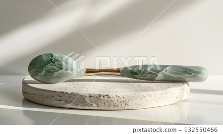 Minimal beauty setup featuring a polished jade gua-sha board, facial roller on a gold stand, oval massage stone and jade wand arranged on a textured stone tray. Clean light and marble veins emphasize  132550466