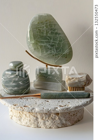 Minimal beauty setup featuring a polished jade gua-sha board, facial roller on a gold stand, oval massage stone and jade wand arranged on a textured stone tray. Clean light and marble veins emphasize  132550473