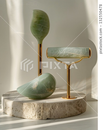 Minimal beauty setup featuring a polished jade gua-sha board, facial roller on a gold stand, oval massage stone and jade wand arranged on a textured stone tray. Clean light and marble veins emphasize Minimal beauty setup featuring a polished jade gua-sha board, facial roller on a gold stand, oval massage stone and jade wand arranged on a textured stone tray. Clean light and marble veins emphasize 132550478
