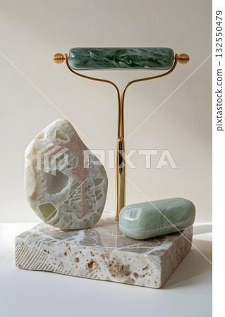Minimal beauty setup featuring a polished jade gua-sha board, facial roller on a gold stand, oval massage stone and jade wand arranged on a textured stone tray. Clean light and marble veins emphasize Minimal beauty setup featuring a polished jade gua-sha board, facial roller on a gold stand, oval massage stone and jade wand arranged on a textured stone tray. Clean light and marble veins emphasize 132550479