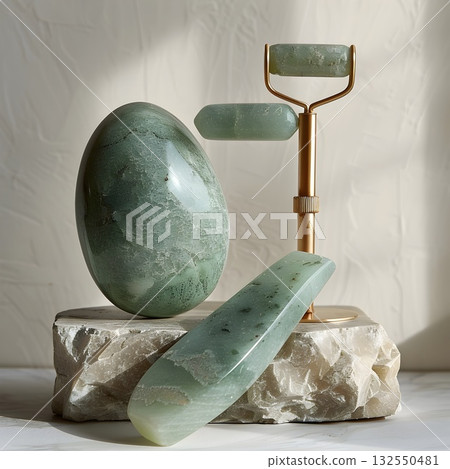 Minimal beauty setup featuring a polished jade gua-sha board, facial roller on a gold stand, oval massage stone and jade wand arranged on a textured stone tray. Clean light and marble veins emphasize  132550481