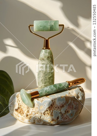 Minimal beauty setup featuring a polished jade gua-sha board, facial roller on a gold stand, oval massage stone and jade wand arranged on a textured stone tray. Clean light and marble veins emphasize  132550485