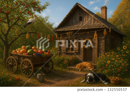 Peaceful Country Farmstead Scene with Dogs and Abundant Fruit Peaceful Country Farmstead Scene with Dogs and Abundant Fruit 132550537