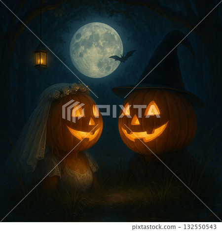 Whimsical Pumpkin Couple in a Romantic, Spooky Night Scene Whimsical Pumpkin Couple in a Romantic, Spooky Night Scene 132550543