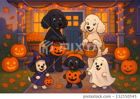 Adorable Poodle Family Trick-or-Treating on Halloween Night Adorable Poodle Family Trick-or-Treating on Halloween Night 132550545