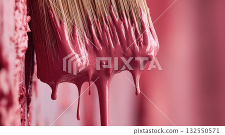 Brush with primer dripping close-up, artistic shot, wall painting texture 132550571