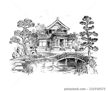 Japanese house with pond and garden. Asian architecture. Timber framing. Vector landscape. Ink 132550573