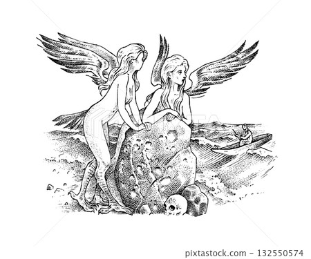 Myths of ancient Greece. Sirens with wings calling sailors. Odyssey. girls stand by a stone against 132550574