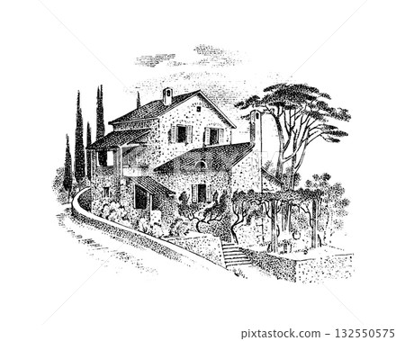 Italian villa with pine and cypress trees and vineyards. Timber framing. Vector landscape. Ink 132550575