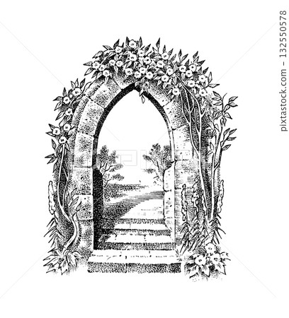 Gates or doors or portal. Template for wine or alcohol label. Old Vintage engraving streets Gates or doors or portal. Template for wine or alcohol label. Old Vintage engraving streets 132550578