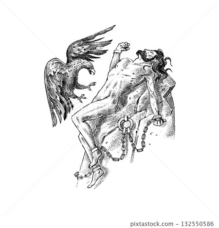 Myths of ancient greece. Prometheus titan chained on a rock and an eagle pecking him. Character 132550586