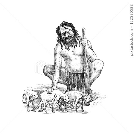Myths of ancient Greece. Escape of Odysseus from the cave of the blind Polyphemus. Giant Cyclops 132550588