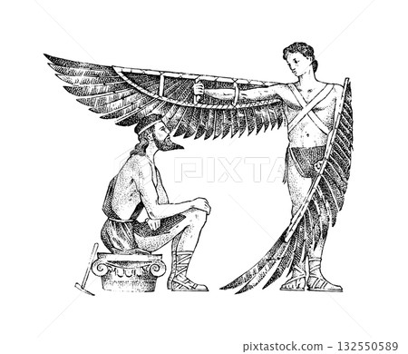 Myths of ancient greece. Daedalus and Icarus with makeshift wings. Character sketch. Hand drawn 132550589