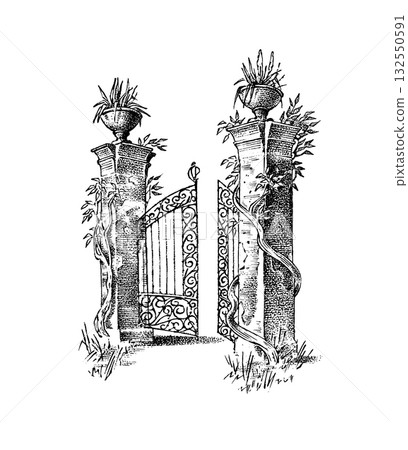 Gates or doors or portal. Template for wine or alcohol label. Old Vintage engraving streets Gates or doors or portal. Template for wine or alcohol label. Old Vintage engraving streets 132550591