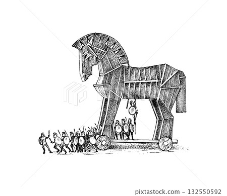 Myths of ancient greece. Trojan wooden horse and Greek warriors during the war for Ilion. Iliad 132550592