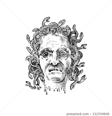 Myths of ancient Greece. Gorgon medusa with snakes on her head, defeated by Perseus. Character 132550600