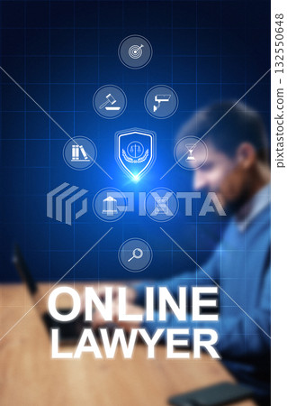 Professional working as an online lawyer with legal icons displayed on screen 132550648