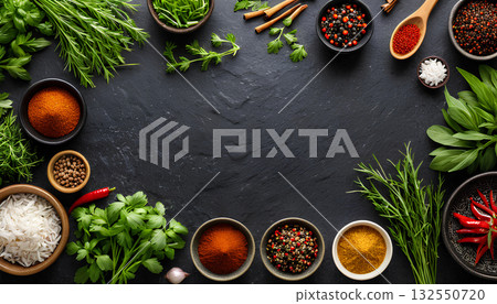 various spices on stone background 132550720