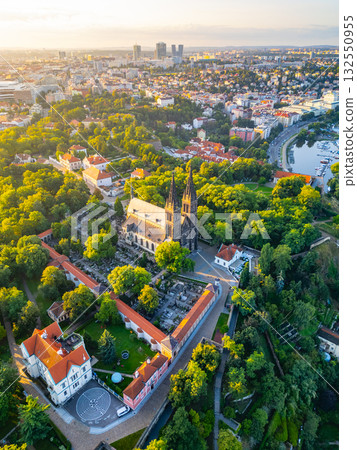 Morning light casts a golden hue over Vysehrad Basilica of St. Peter and St. Paul, surrounded by lush greenery. The serenity of the area invites peaceful reflection and exploration. 132550955