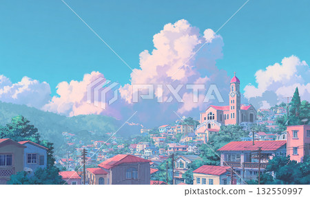 A fantastical hill landscape with pastel-colored clouds 132550997