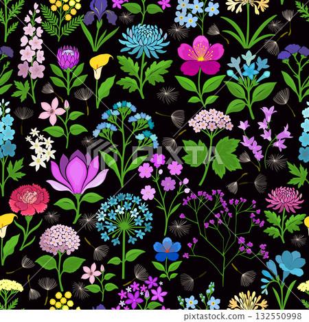 Blooming Meadow Boho dark Seamless Pattern. Ditsy Print. Wildflowers Vintage Background. Simple Different Small Flowers. Millefleurs Liberty Style Floral Design For Fabric, Paper, Surface Design. 132550998