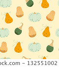 Pumpkin vegetables seamless pattern flat style hand drawn repeat festive ornament for autumn holidays Thanksgiving, Halloween celebration design, cottagecore print for fabric, wall decor or gift paper 132551002
