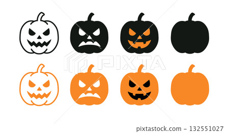 Halloween pumpkin faces spooky funny expressions black orange isolated. Pumpkin scary smile emotion 132551027