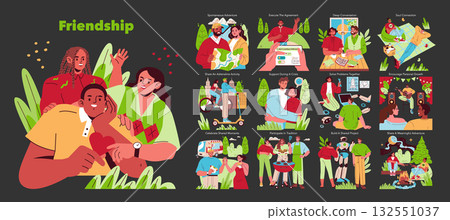 Vector illustration showcasing various friendship activities and adventures. Scenes include group hugging, cycling together, sharing music, having deep conversations, and celebrating moments. 132551037