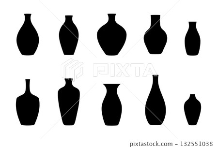Silhouette set decorative vases shapes. Black vase collection traditional design simple icon. 132551038