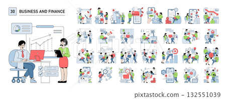 Vector illustration of two people in a business setting analyzing financial data on digital devices. Various scenes involving teamwork, technology, and financial tasks depicted. 132551039
