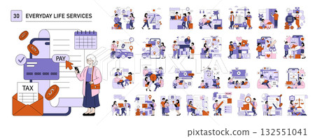 Everyday life services vector illustration showing a person interacting with a digital device for tax and bill payments. Includes icons like a credit card, calendar, and tax envelope. Everyday life services vector illustration showing a person interacting with a digital device for tax and bill payments. Includes icons like a credit card, calendar, and tax envelope. 132551041