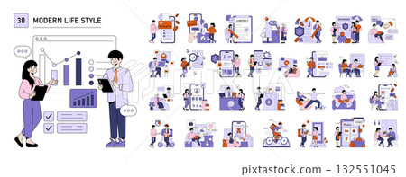 Collection of vector illustrations depicting diverse modern lifestyle scenarios. Features people interacting with technology in various settings, showcasing collaboration, communication, and daily Collection of vector illustrations depicting diverse modern lifestyle scenarios. Features people interacting with technology in various settings, showcasing collaboration, communication, and daily 132551045