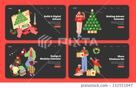 Festive vector illustrations featuring hands crafting a digital advent calendar, decorating a tree, designing a modular calendar, and sharing kindness with gifts and joy during the holiday season. 132551047