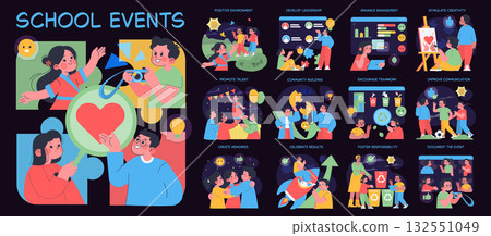 School events vector illustration series emphasizing various activities. Includes promoting talent, building community, fostering responsibility, teamwork, and creativity among students. 132551049