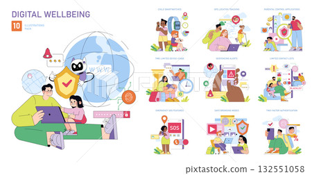 Digital wellbeing vector illustration pack featuring family interacting with technology. Includes concepts like parental control, smartwatches, GPS tracking, and safe browsing. Digital wellbeing vector illustration pack featuring family interacting with technology. Includes concepts like parental control, smartwatches, GPS tracking, and safe browsing. 132551058