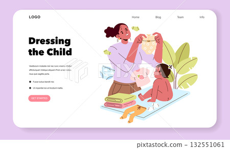 Vector illustration of a mother dressing her young child, depicted on a website landing page. The mother is holding a shirt while the child sits surrounded by clothing items. Vector illustration of a mother dressing her young child, depicted on a website landing page. The mother is holding a shirt while the child sits surrounded by clothing items. 132551061